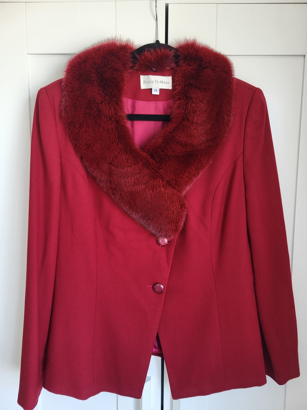 VTG 80s Renee DuMarr Red Wool Blazer Real Fur Collar Statement Buttons Size 14